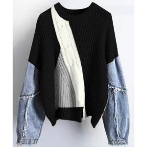 Denim Sleeve Color Block Sweater